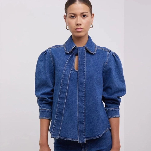 SEE BY CHLOE Tie-Neck Shirt Denim Jeans Blouse Top Preppy Puff Sleeve US 8 - Picture 2 of 16